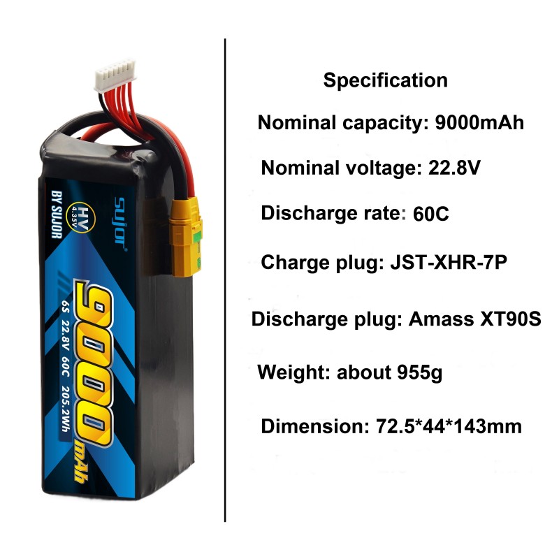 SUJOR 6s1p 9000mAh 22.8V 60C Lipo Smart Drone Battery