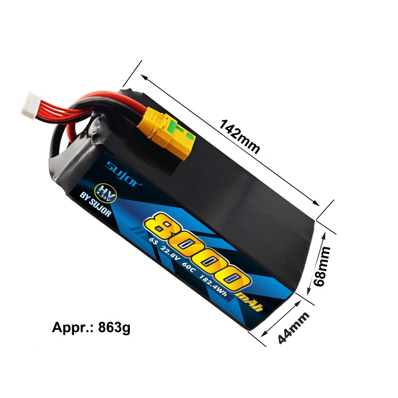 SUJOR 22.8V 6s1p 8000mAh 60C LiHv Pouch Cell UAV Battery