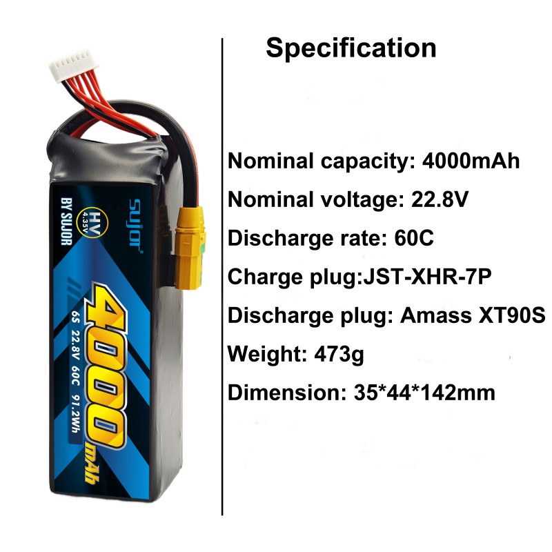 SUJOR 22.8V 6s1p 4000mAh 60C UAV Drone Battery
