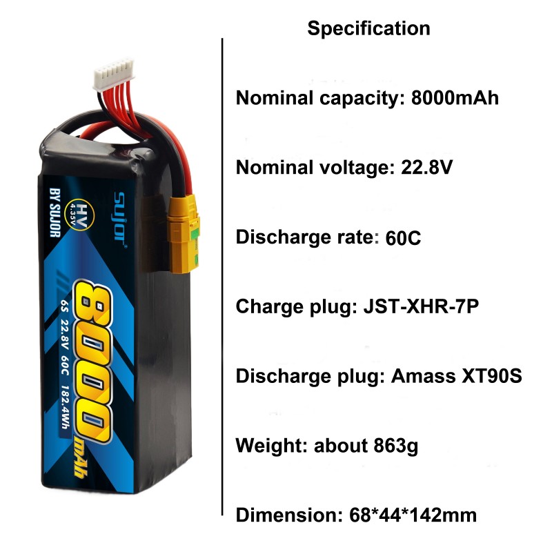 SUJOR 22.8V 6s1p 8000mAh 60C LiHv Pouch Cell UAV Battery
